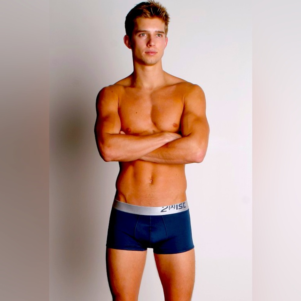 2xist 
Carbon Square Cut Trunk Light Blue. Model is wearing the deep blue sea.